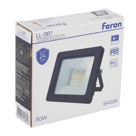 Светодиодный прожектор FERON с датчиком освещенности LL-981 IP65 30W 6400K черный 53141