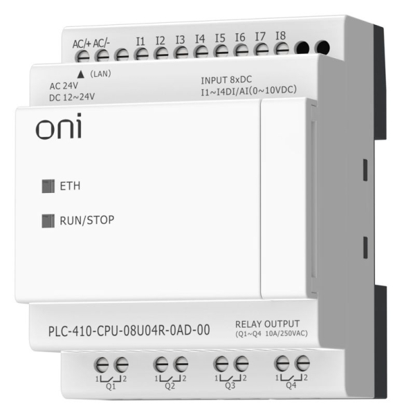 Модуль ЦПУ ПЛК 410 4 DI 4 UI (0-10 В/DI) 4 RO 12В-24В DC или 24В AC с Ethernet портом без экрана ONI PLC-410-CPU-08U04R-0AD-00