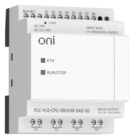 Модуль ЦПУ ПЛК 410 4 DI 4 UI (0-10 В/DI) 4 RO 12В-24В DC или 24В AC с Ethernet портом без экрана ONI PLC-410-CPU-08U04R-0AD-00