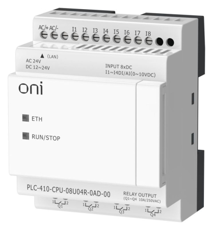 Модуль ЦПУ ПЛК 410 4 DI 4 UI (0-10 В/DI) 4 RO 12В-24В DC или 24В AC с Ethernet портом без экрана ONI PLC-410-CPU-08U04R-0AD-00