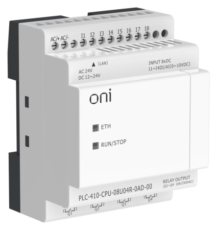 Модуль ЦПУ ПЛК 410 4 DI 4 UI (0-10 В/DI) 4 RO 12В-24В DC или 24В AC с Ethernet портом без экрана ONI PLC-410-CPU-08U04R-0AD-00