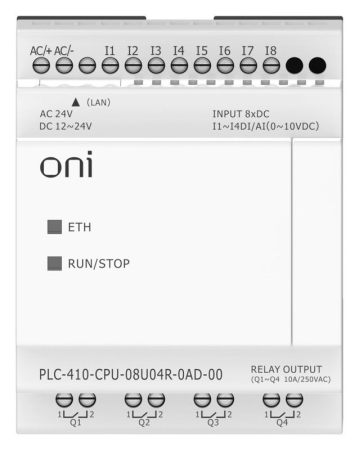 Модуль ЦПУ ПЛК 410 4 DI 4 UI (0-10 В/DI) 4 RO 12В-24В DC или 24В AC с Ethernet портом без экрана ONI PLC-410-CPU-08U04R-0AD-00