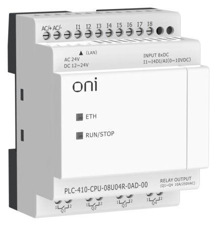 Модуль ЦПУ ПЛК 410 4 DI 4 UI (0-10 В/DI) 4 RO 12В-24В DC или 24В AC с Ethernet портом без экрана ONI PLC-410-CPU-08U04R-0AD-00