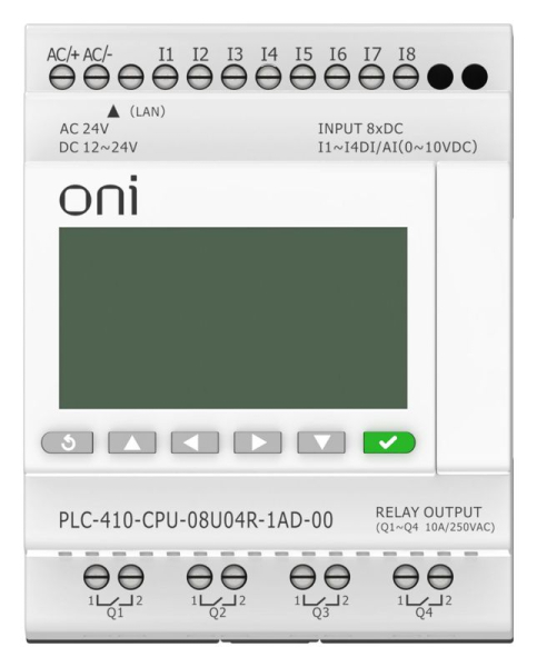 Модуль ЦПУ ПЛК 410 4 DI 4 UI (0-10 В/DI) 4 RO 12В-24В DC или 24В AC с Ethernet портом с экраном ONI PLC-410-CPU-08U04R-1AD-00