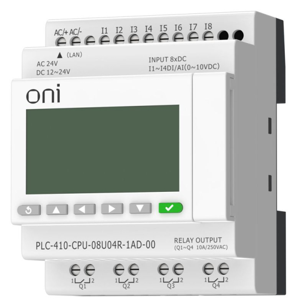 Модуль ЦПУ ПЛК 410 4 DI 4 UI (0-10 В/DI) 4 RO 12В-24В DC или 24В AC с Ethernet портом с экраном ONI PLC-410-CPU-08U04R-1AD-00
