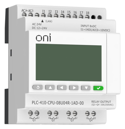 Модуль ЦПУ ПЛК 410 4 DI 4 UI (0-10 В/DI) 4 RO 12В-24В DC или 24В AC с Ethernet портом с экраном ONI PLC-410-CPU-08U04R-1AD-00