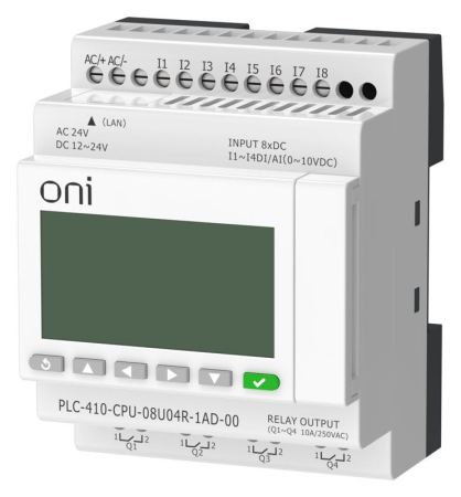 Модуль ЦПУ ПЛК 410 4 DI 4 UI (0-10 В/DI) 4 RO 12В-24В DC или 24В AC с Ethernet портом с экраном ONI PLC-410-CPU-08U04R-1AD-00