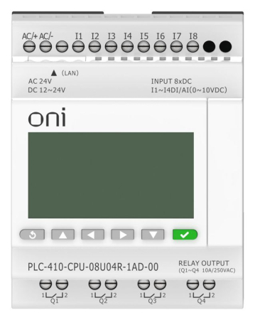 Модуль ЦПУ ПЛК 410 4 DI 4 UI (0-10 В/DI) 4 RO 12В-24В DC или 24В AC с Ethernet портом с экраном ONI PLC-410-CPU-08U04R-1AD-00