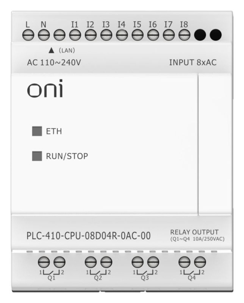 Модуль ЦПУ ПЛК 410 8 DI 4 RO 220В AC с Ethernet портом без экрана ONI PLC-410-CPU-08D04R-0AC-00