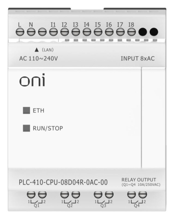 Модуль ЦПУ ПЛК 410 8 DI 4 RO 220В AC с Ethernet портом без экрана ONI PLC-410-CPU-08D04R-0AC-00