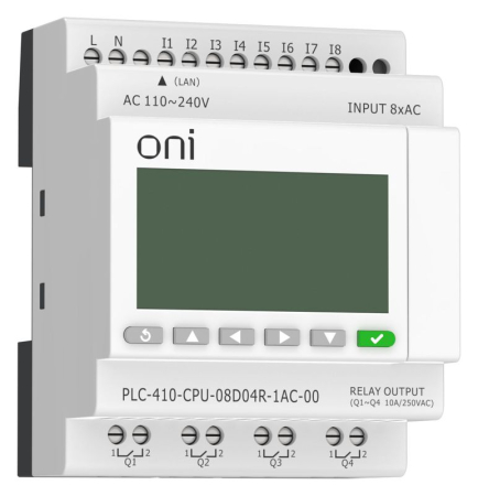 Модуль ЦПУ ПЛК 410 8 DI 4 RO 220В AC с Ethernet портом с экраном ONI PLC-410-CPU-08D04R-1AC-00