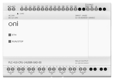 Модуль ЦПУ ПЛК 410 8 DI 6 UI (0-10В/DI) 8 RO 12В-24В DC или 24В AC с Ethernet портом без экрана ONI PLC-410-CPU-14U08R-0AD-00