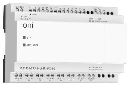Модуль ЦПУ ПЛК 410 8 DI 6 UI (0-10В/DI) 8 RO 12В-24В DC или 24В AC с Ethernet портом без экрана ONI PLC-410-CPU-14U08R-0AD-00