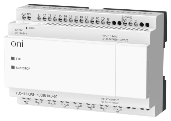 Модуль ЦПУ ПЛК 410 8 DI 6 UI (0-10В/DI) 8 RO 12В-24В DC или 24В AC с Ethernet портом без экрана ONI PLC-410-CPU-14U08R-0AD-00