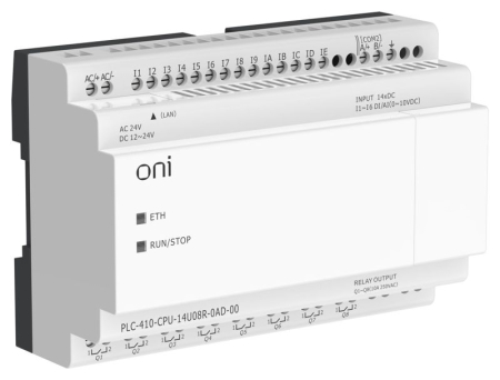 Модуль ЦПУ ПЛК 410 8 DI 6 UI (0-10В/DI) 8 RO 12В-24В DC или 24В AC с Ethernet портом без экрана ONI PLC-410-CPU-14U08R-0AD-00