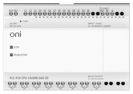 Модуль ЦПУ ПЛК 410 8 DI 6 UI (0-10В/DI) 8 RO 12В-24В DC или 24В AC с Ethernet портом без экрана ONI PLC-410-CPU-14U08R-0AD-00