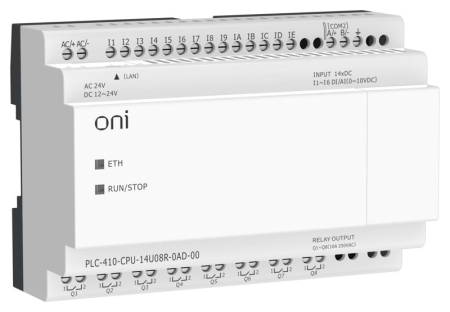 Модуль ЦПУ ПЛК 410 8 DI 6 UI (0-10В/DI) 8 RO 12В-24В DC или 24В AC с Ethernet портом без экрана ONI PLC-410-CPU-14U08R-0AD-00