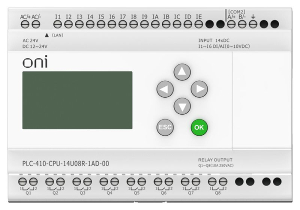 Модуль ЦПУ ПЛК 410 8 DI 6 UI (0-10В/DI) 8 RO 12В-24В DC или 24В AC с Ethernet портом с экраном ONI PLC-410-CPU-14U08R-1AD-00