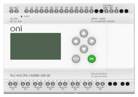 Модуль ЦПУ ПЛК 410 8 DI 6 UI (0-10В/DI) 8 RO 12В-24В DC или 24В AC с Ethernet портом с экраном ONI PLC-410-CPU-14U08R-1AD-00