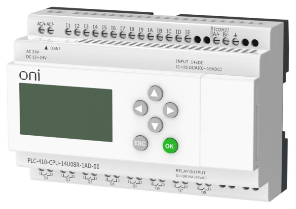 Модуль ЦПУ ПЛК 410 8 DI 6 UI (0-10В/DI) 8 RO 12В-24В DC или 24В AC с Ethernet портом с экраном ONI PLC-410-CPU-14U08R-1AD-00