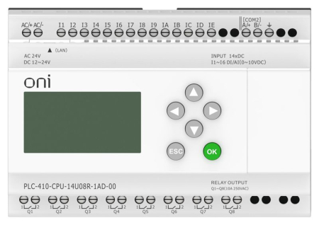 Модуль ЦПУ ПЛК 410 8 DI 6 UI (0-10В/DI) 8 RO 12В-24В DC или 24В AC с Ethernet портом с экраном ONI PLC-410-CPU-14U08R-1AD-00