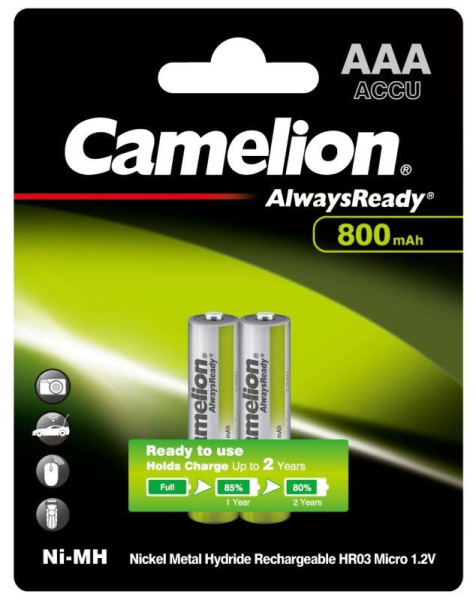 Аккумулятор AAA/HR03 1.2В 800мА.ч Ni-MH Always Ready NH-AAA800ARBP2 BL-2 металлик (блист.2шт) Camelion 7965