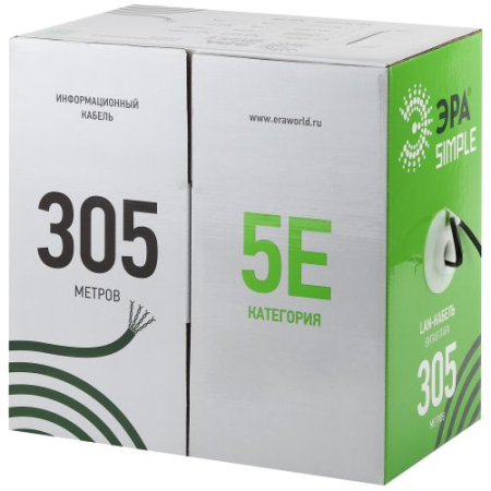 Кабель витая пара U/UTP кат.5E 2х2х24AWG solid CCA PVC Simple сер. (м) UL-2-PVC-A Эра Б0044433