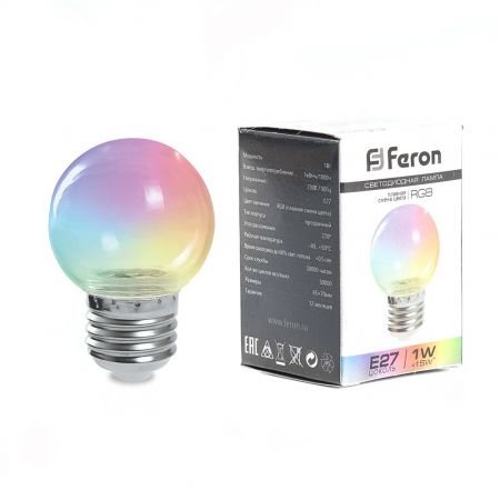 Лампа светодиодная Feron LB-371 Шар прозрачный E27 3W RGB плавная смена цвета 38133