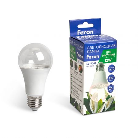 Лампа светодиодная для растений А60 Feron LB-7060 E27 12W полный спектр 38277